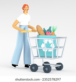 A woman with a cart full of healthy food and recycling goods with shopping bag. The concept of a balanced diet with vitamins, herbs, fresh vegetables and fruits food. 3d rendering of an illustration - Powered by Shutterstock