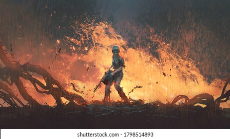 Woman With A Chainsaw Standing On Burning Ground, Digital Art Style, Illustration Painting