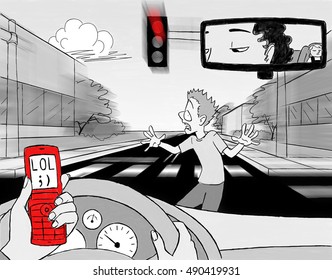 A woman checks her cell phone while driving, distracting her from noticing the red light or pedestrian crossing in front of her.   - Powered by Shutterstock