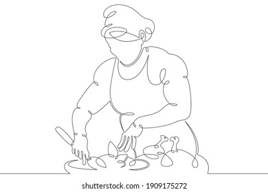 Woman Chef Prepares Food In The Restaurant Kitchen. Chef Cook In Uniform.One Continuous Drawing Line  Logo Single Hand Drawn Art Doodle Isolated Minimal Illustration.