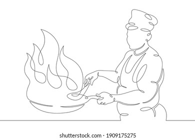 Woman Chef Prepares Food In The Restaurant Kitchen. Chef Cook In Uniform.One Continuous Drawing Line  Logo Single Hand Drawn Art Doodle Isolated Minimal Illustration.