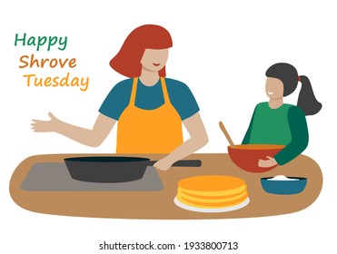 A woman with a child makes pancakes for Shrovetide. Mom and daughter cook together in the kitchen. Hand drawn people and text: happy shrove tuesday. Flat style.  Isolated on a white background. Vector - Powered by Shutterstock