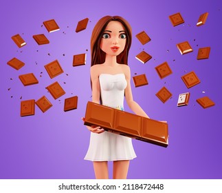 Woman and a chocolate bar, 3d render. Pretty woman loves chocolate. Illustration for advertising a candy store. - Powered by Shutterstock