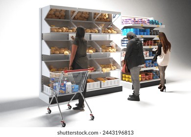 Woman choosing groceries in front of shelves, 3D rendering. - Powered by Shutterstock