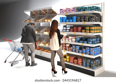 Woman choosing groceries in front of shelves, 3D rendering. - Powered by Shutterstock