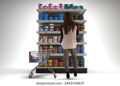 Woman choosing groceries in front of shelves, 3D rendering. - Powered by Shutterstock