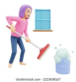 Woman cleaning house 3D character illustration - Powered by Shutterstock