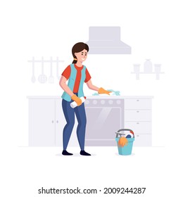 Woman from a cleaning service professional cleans cooking surface in the kitchen. illustration. - Powered by Shutterstock