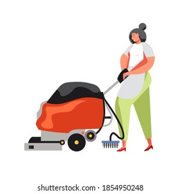 Woman Cleaning Supermarket Or Shopping Mall Floor Using Cleaning Scrubber Machine, Flat Illustration Isolated On White Background. Professional Commercial Janitorial Services.