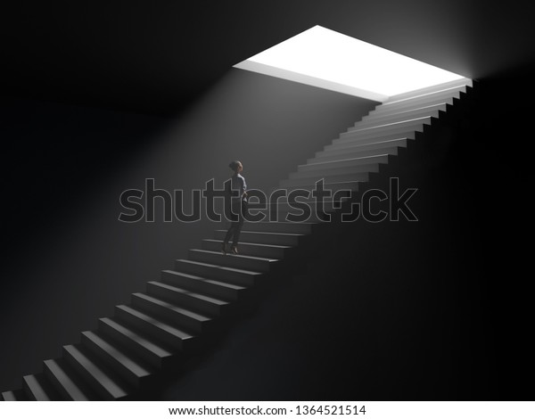 女性が暗闇から光へ階段を登る 3dイラスト のイラスト素材