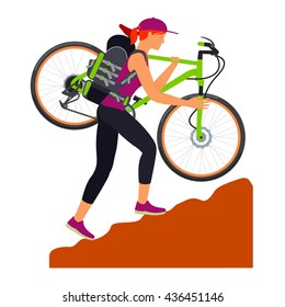 Woman climbs uphill and carries his bike on his shoulder. Traveling. Flat Illustration.  Web graphics, banners, advertisements, brochures, business templates. Isolated on a white background - Powered by Shutterstock