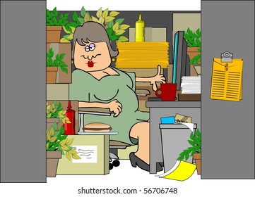 Woman In A Cluttered Cubicle