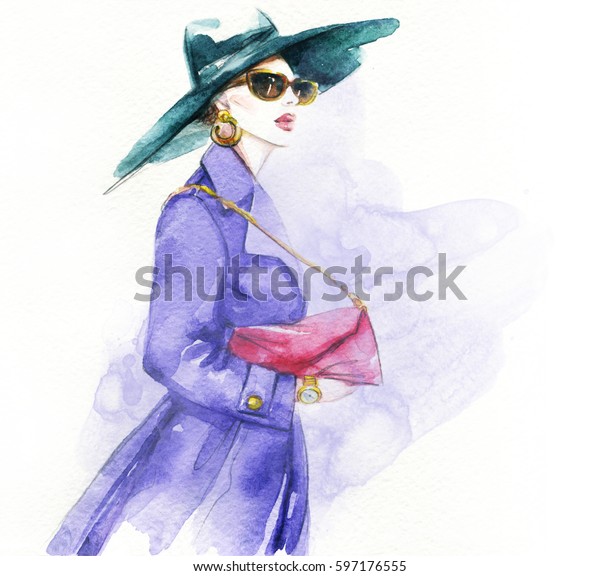 コートを着た女性 ファッションイラスト 水彩画 のイラスト素材