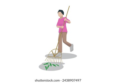 Woman collecting dry leaves in autumn. Female cleaner character sweeping trash from the street. Isolated vector illustration in cartoon style - Powered by Shutterstock