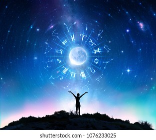 Woman Consulting The Stars - Zodiac Signs In The Sky - Contain elements furnished by NASA (moon and Stars) And Own Illustrations (Zodiac Signs) 
