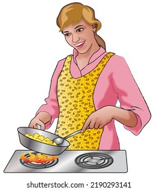 Woman Cooking Over A Stovetop With An Apron