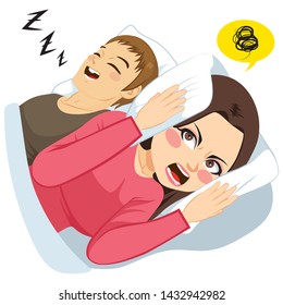 Woman covering ears with white pillow while man is making loud noise snoring in bed - Powered by Shutterstock