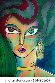 Woman Cubism Face, Girl Portrait  Face Design.