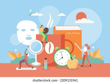 Woman Daily Morning Routine, Flat Illustration. Wake Up, Sheet Face Mask Beauty Skincare Routine, Yoga Exercises, Coffee. Everyday Morning Habits, Daily Planner, Healthy Lifestyle.