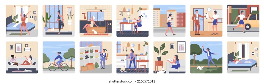 Woman Daily Routine Illustration Set. Cartoon Everyday Life Scenes Of Young Woman Character Sleeping In Bed, Cooking And Eating Food At Home, Doing Exercise Sports, Working And Playing With Dog