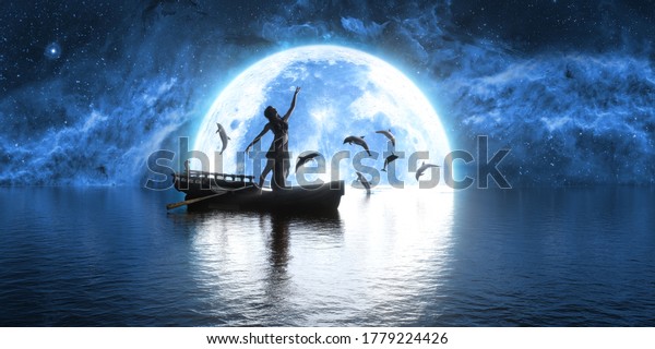 woman dancing in a boat against the\
background of the moon and dolphins, 3d\
illustration
