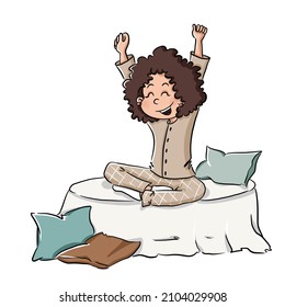 Woman With Dark Coloured Curly Hair Wake Up In The Morning. Circadian Rhythm. Every Day Life Collection. Happiness In Every Moment. Active Lifestyle.  Daily Routine.