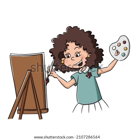 Woman with dark coloured curly hair painting with brush. Love art. Every day life collection. Happiness in every moment. Active lifestyle. Daily routine illustration in cartoon style