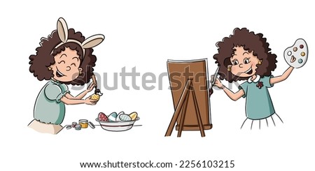 Woman with dark coloured curly hair painting with brush. Love art. With bunny ears colouring Easter eggs. Happiness in every moment. Active lifestyle. Daily routine illustration in cartoon style
