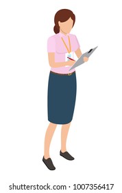 Woman In Dark Midi Skirt With Name Badge On Yellow Ribbon Holding In One Hand Red Pen, In Other Keeps Gray Tablet  Illustration