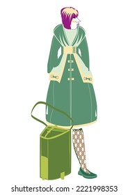 Woman In A Designed Green Coat