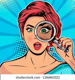 The woman is a detective looking through magnifying glass search. Illustration in pop art retro comics style
