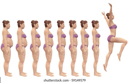 A woman diets from fat to fitness in before and after series of 3D renders - Powered by Shutterstock