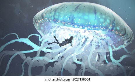 woman diving for a closer look at the giant jellyfish, digital art style, illustration painting - Powered by Shutterstock