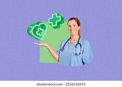 Woman doctor smiling, creative healthcare collage. Healthcare doctor with neon green heart and health symbol. Woman doctor medical professional portrait on purple background. - Powered by Shutterstock