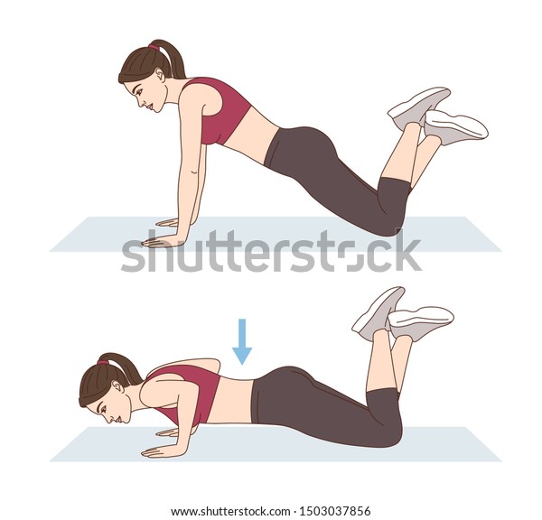 A woman is doing sports exercises. Knee push-ups. Workout for arms and pectoral muscles. Fitness for weight loss.