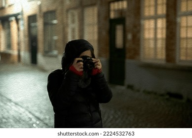 Woman Doing Street Photography In The Night Winter Time Illustration