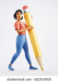 Woman drawing with big pencil. Creative concept. 3d rendering