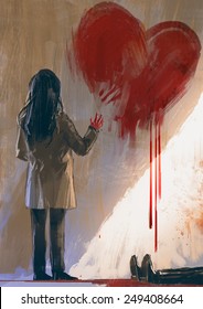 Woman Drawing Red Heart With Blood On The Wall,digital Painting,illustration