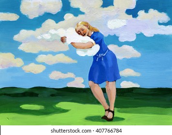 A Woman With A Dreamy Expression Embraces A White Cloud