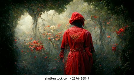 Woman Dressed In Red At Mystical Florest