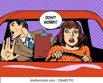 woman driver driving school panic calm retro style pop art. Car and transport