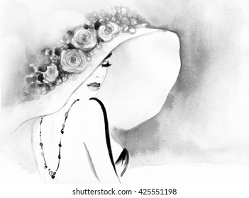 woman with elegant hat .abstract watercolor .fashion background