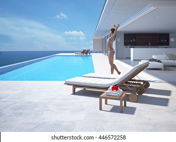 Woman Enjoying The Sun At The Endless Pool. 3d Rendering