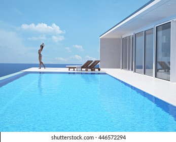 Woman Enjoying The Sun At The Endless Pool. 3d Rendering