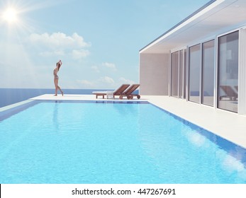 Woman Enjoying The Sun At The Endless Pool. 3d Rendering