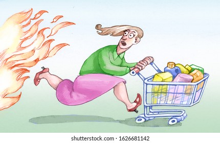 Woman Escapes From A Fire Pushing A Shopping Cart Full Enviromental Concept