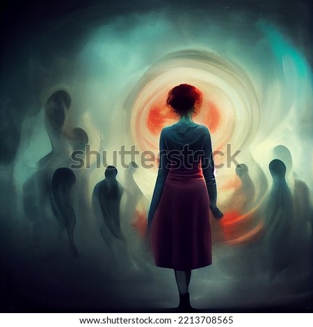 Woman with everything swirling around her, mental state, overwhelm, anxiety, psychosis, confusion, vortex, choices, mental health, mania, hallucination, portal, black hole, trippy, drugs, paranoia   Stock foto © 