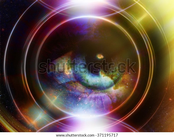 Woman Eye and cosmic space with stars and yellow\
light, and music speaker silhouette. abstract color background, eye\
contact, music\
concept
