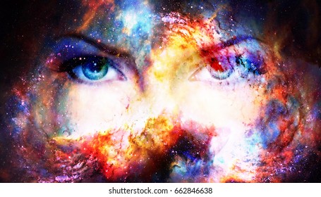 Woman eyes in cosmic background. Eye contact.
