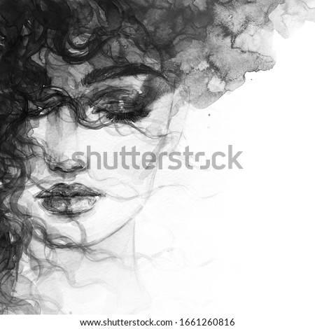 woman face. black and white background. fashion illustration. watercolor painting